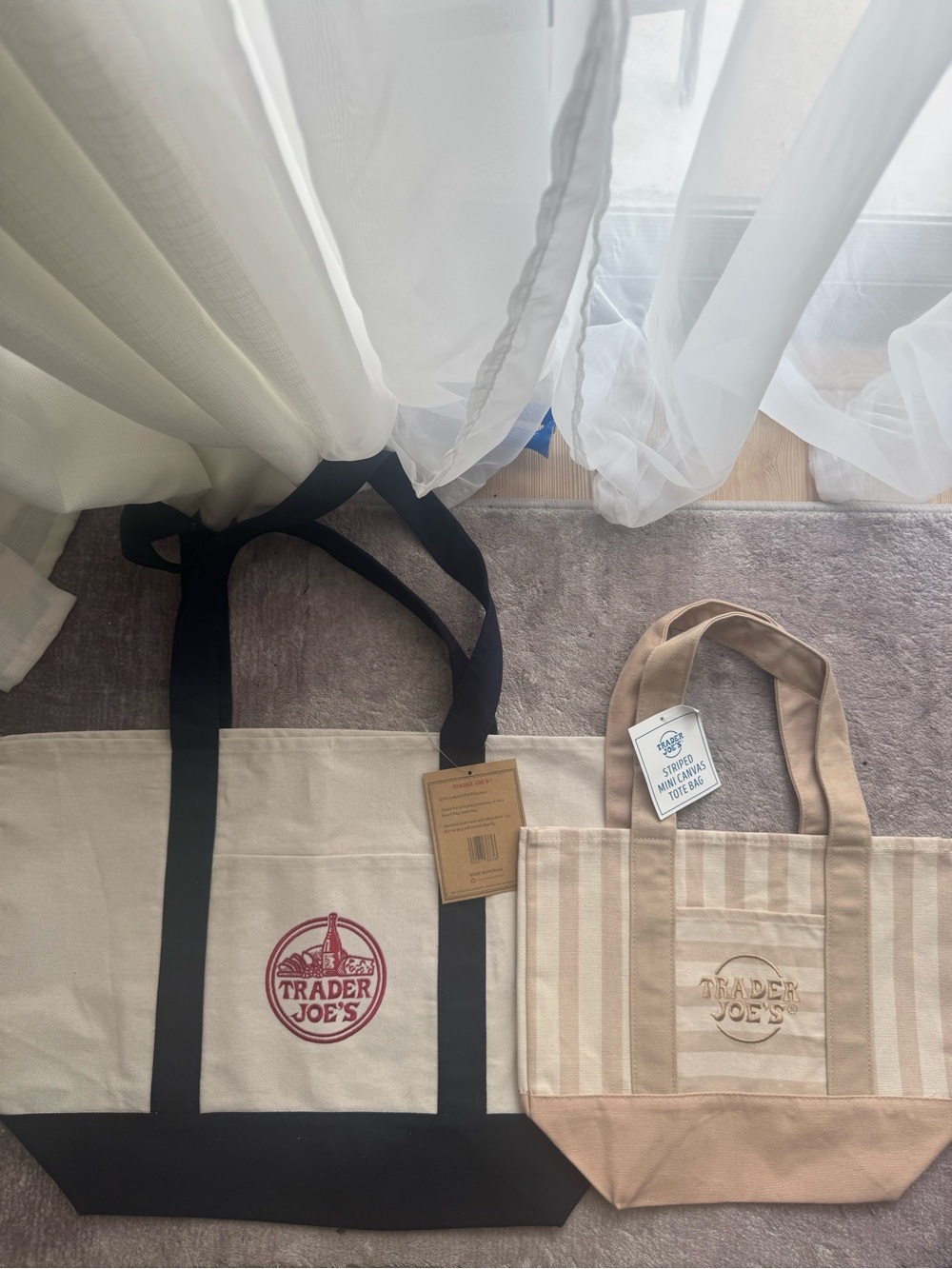 Trader Joes Canvas Tote Navy | Striped Mini Canvas Tote Tan Set of 2